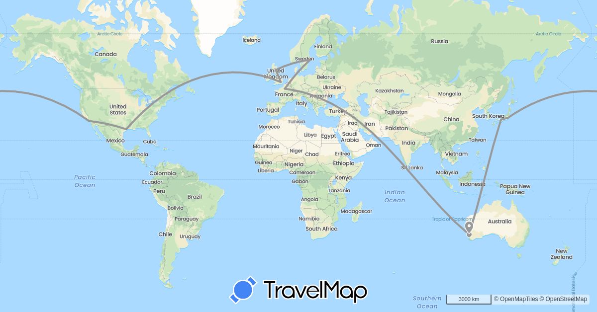 TravelMap itinerary: plane in Australia, France, United Kingdom, Japan, Sweden, United States (Asia, Europe, North America, Oceania)
