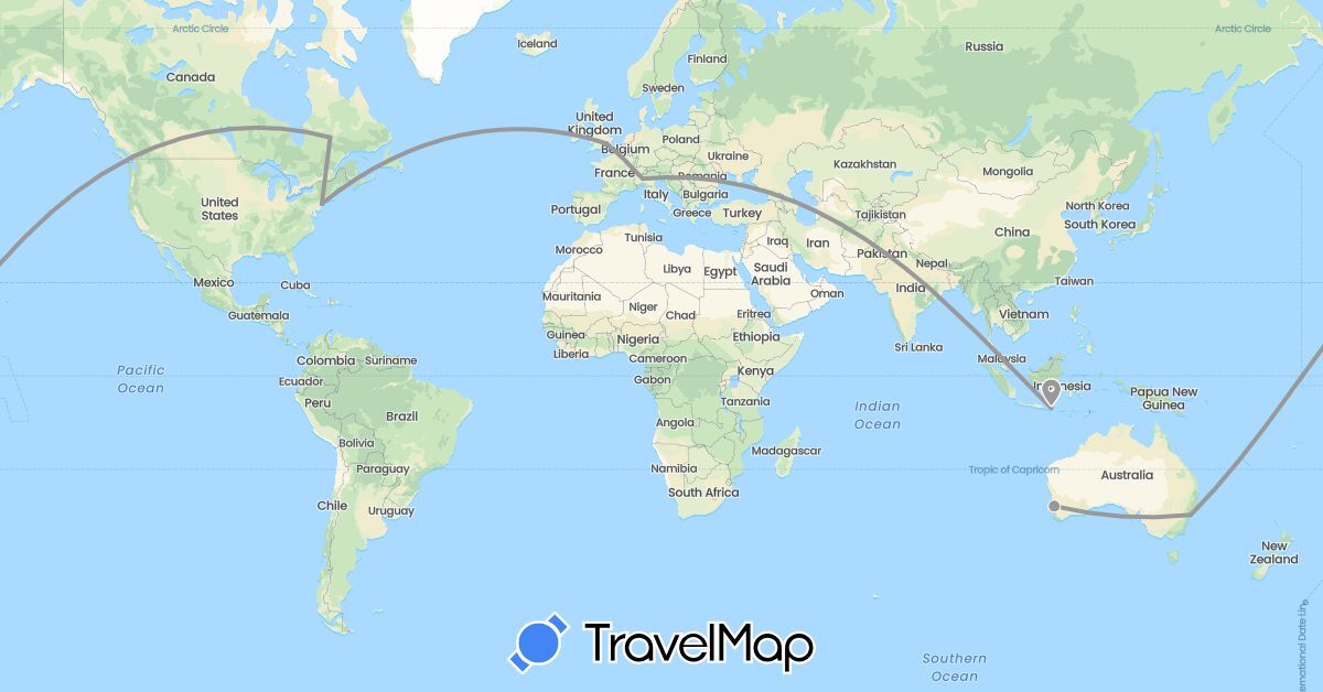 TravelMap itinerary: plane in Australia, Canada, United Kingdom, Indonesia, Italy, United States (Asia, Europe, North America, Oceania)